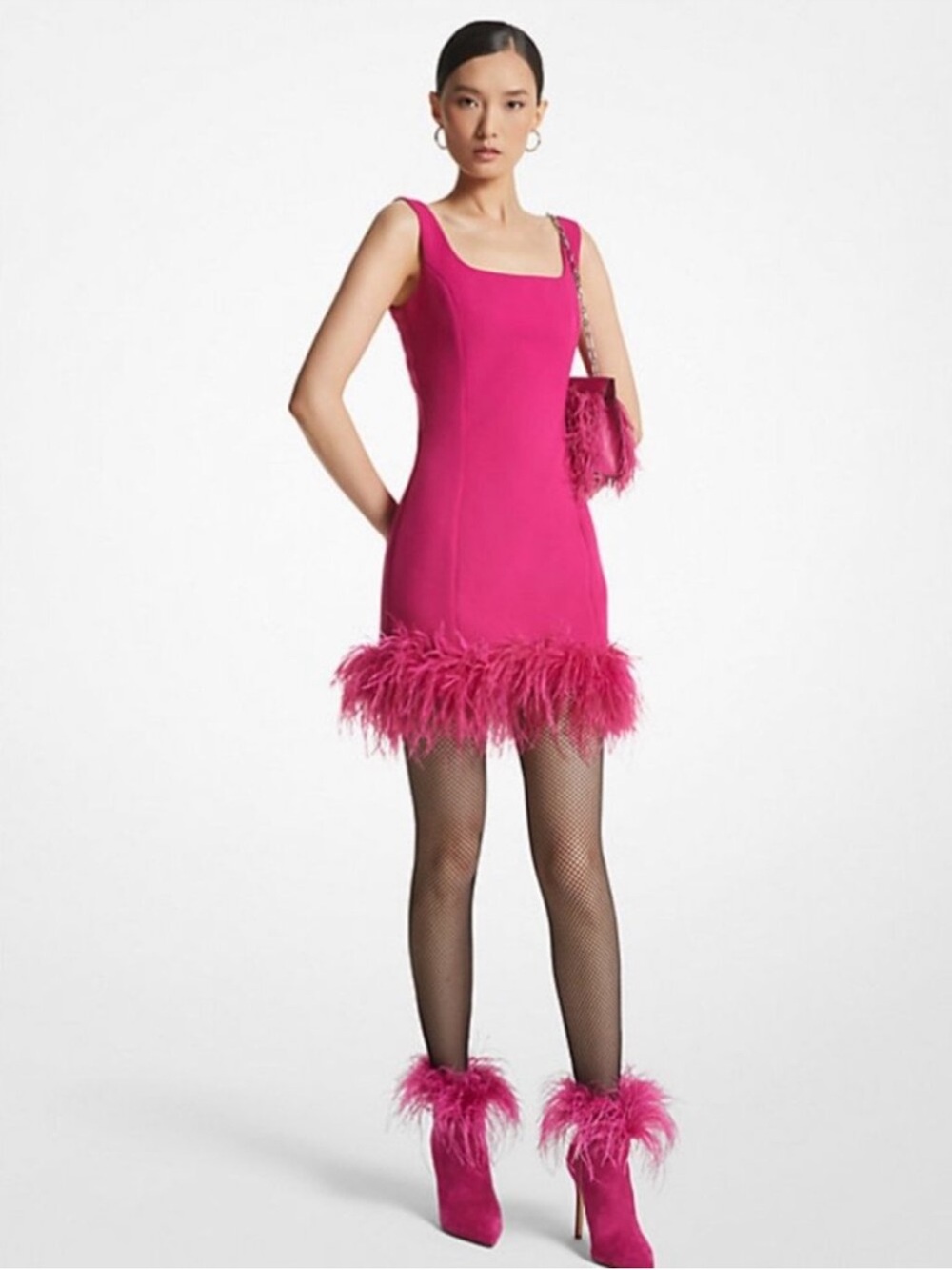 Michael Kors Hot Pink Feather-Trim Square Neck Mini Dress